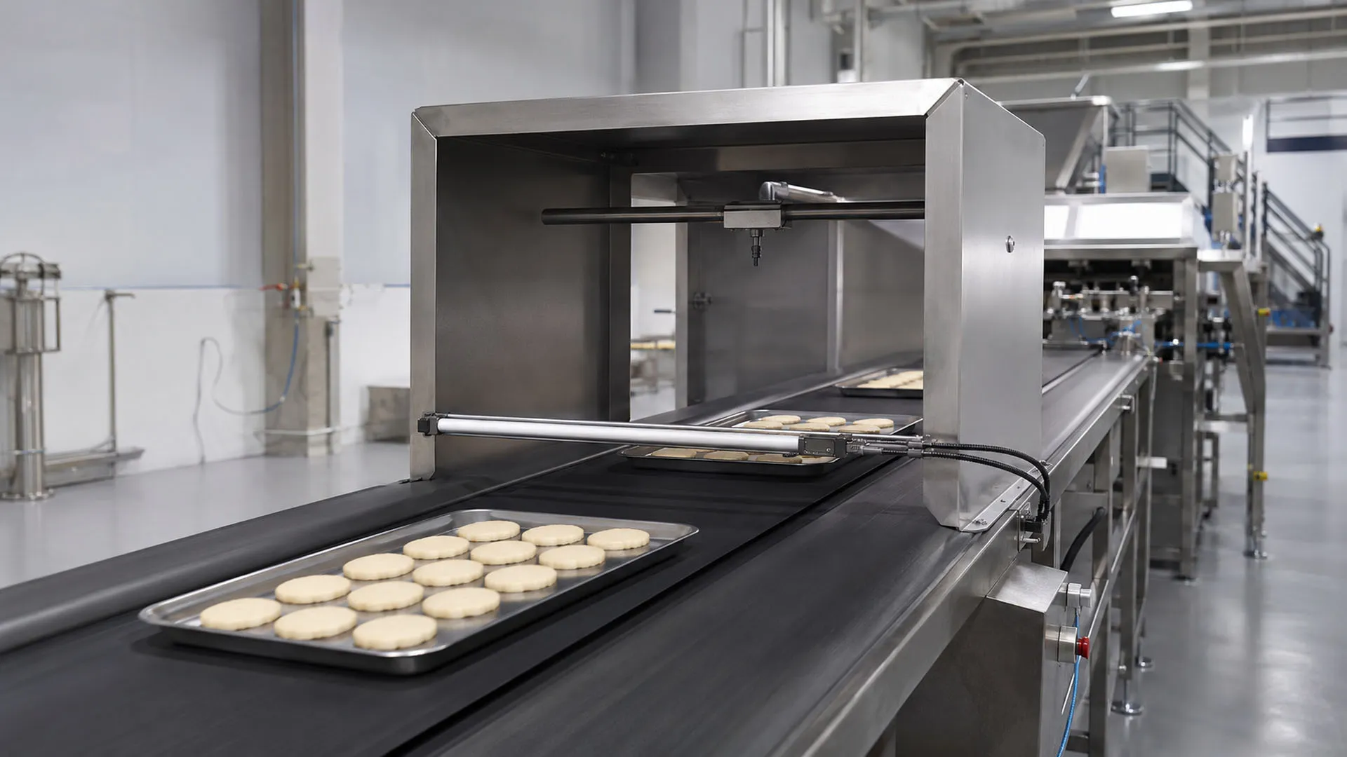 Cabine de aço inoxidável sobre esteira, com bico aplicador sobre bandejas de produto.