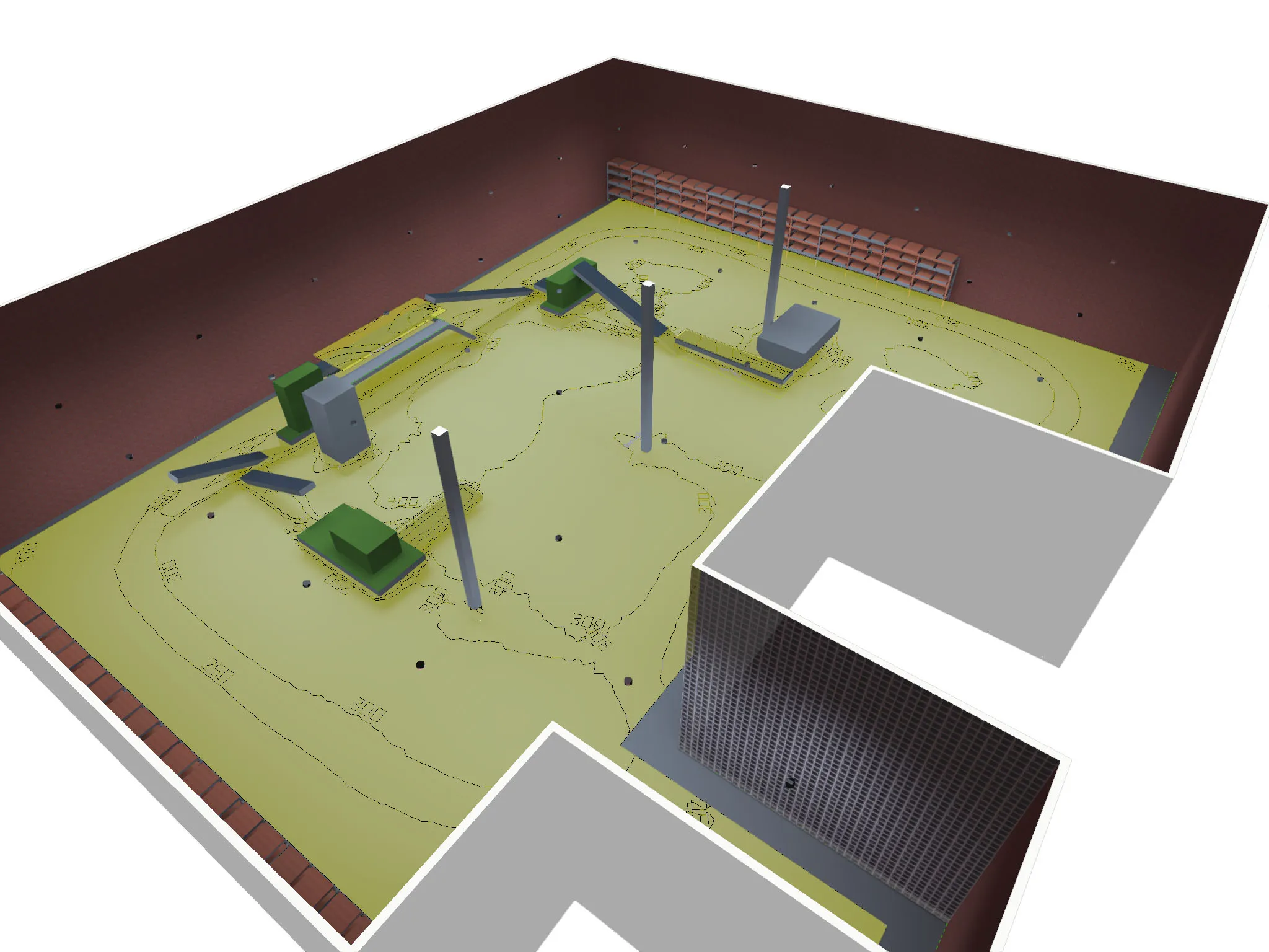 Modelo 3D de barracão industrial com isolinhas de iluminância desenhadas no piso.