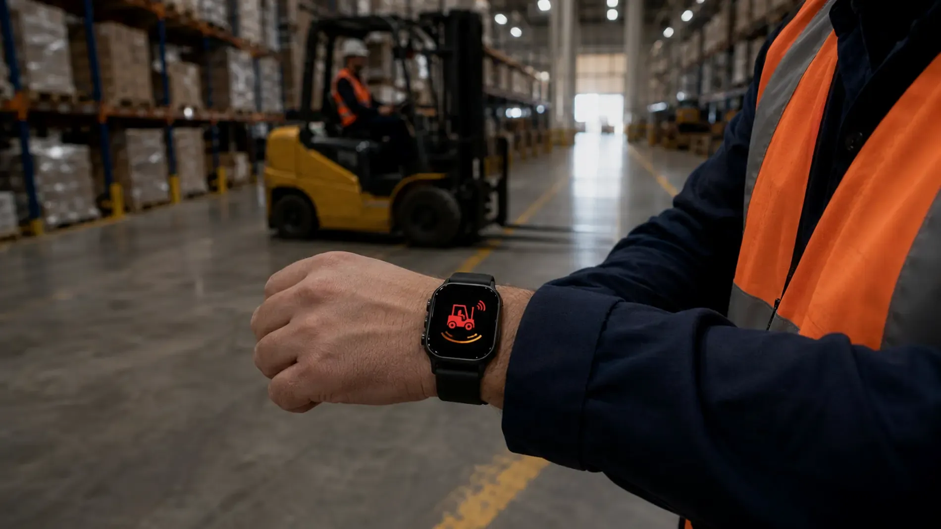 Smartwatch Camlink no punho de um colaborador, exibindo alerta de aproximação.